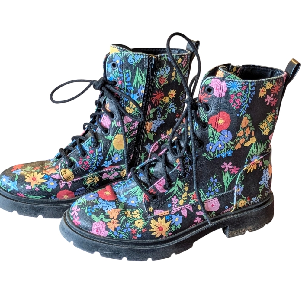 No Boundaries Black Multicolor Floral Combat Boots Women's 8 Grunge Casual